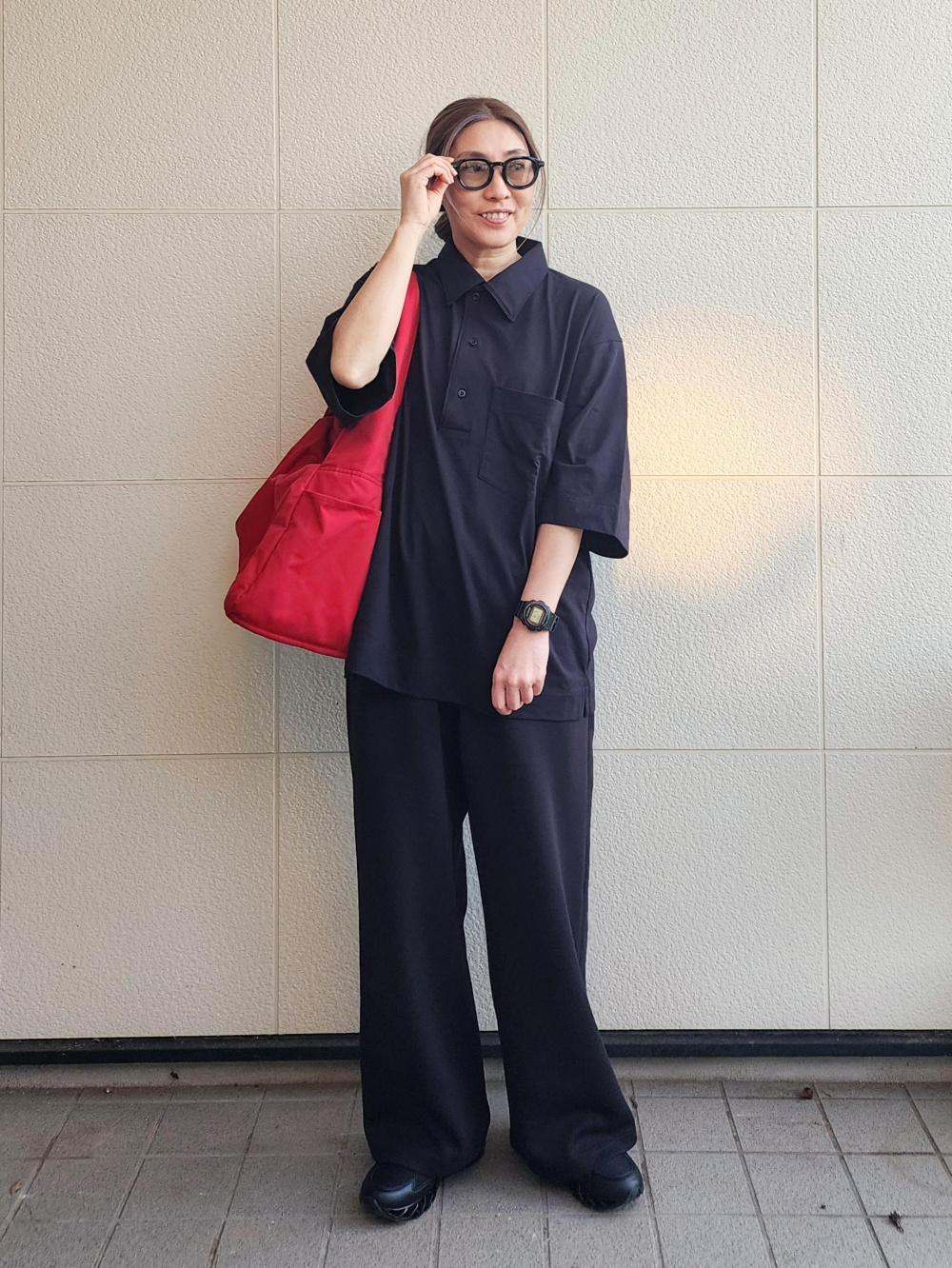 ドライスウェットワイドパンツ、ブラッシュドモックネックT