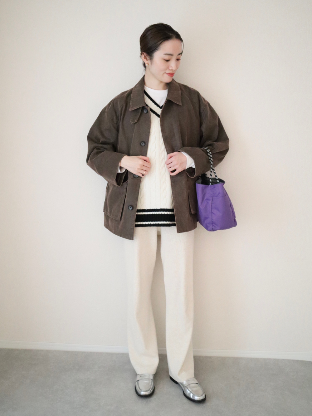 ウォッシャブルニットリブパンツ/丈長め、カシミヤリラックスV