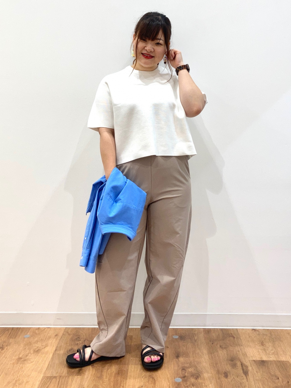 ウォッシャブルミラノリブセーター/半袖、ジャージーカーブパンツ」の