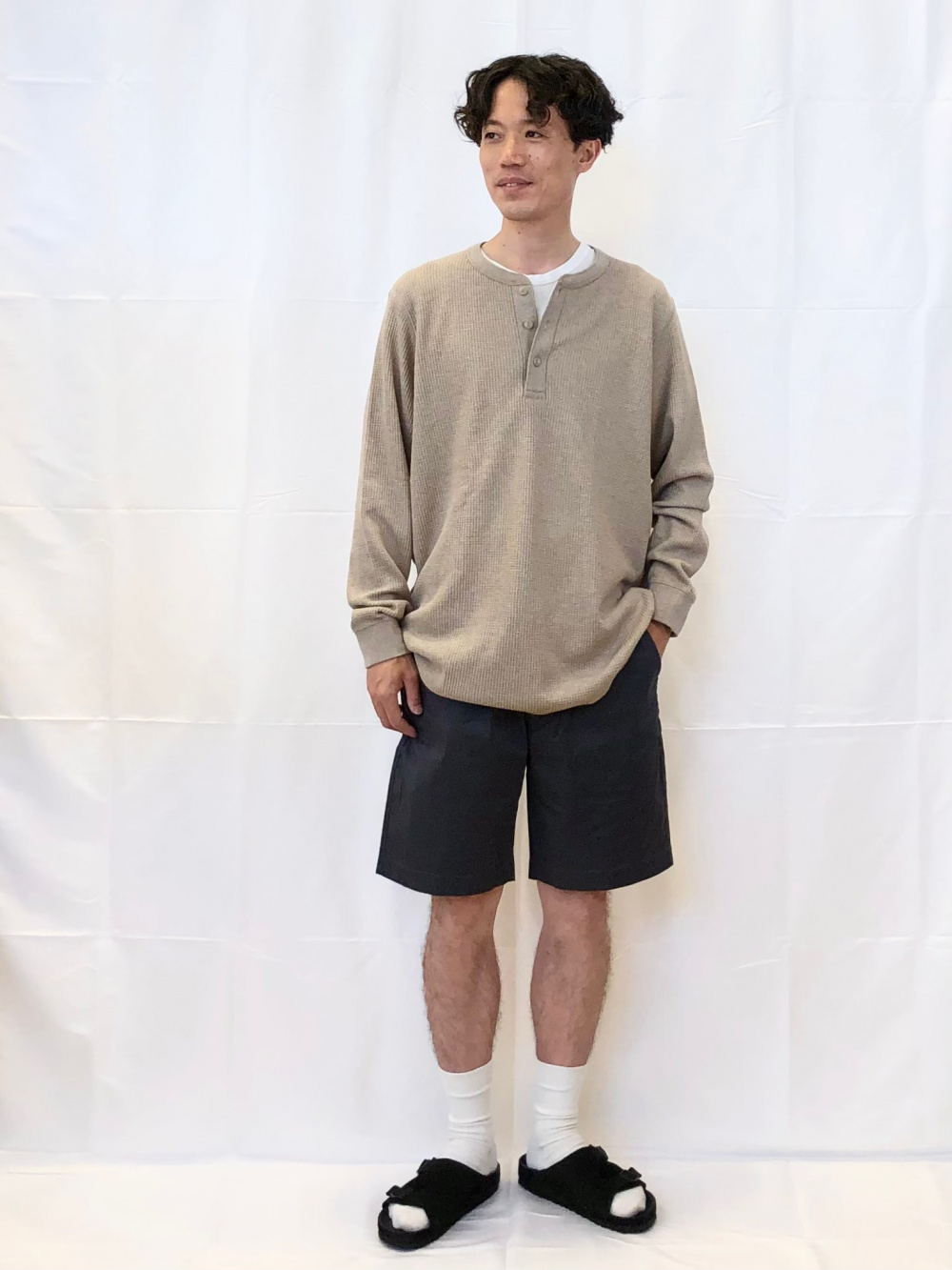 ワッフルヘンリーネックTシャツ、スフレヤーンショート