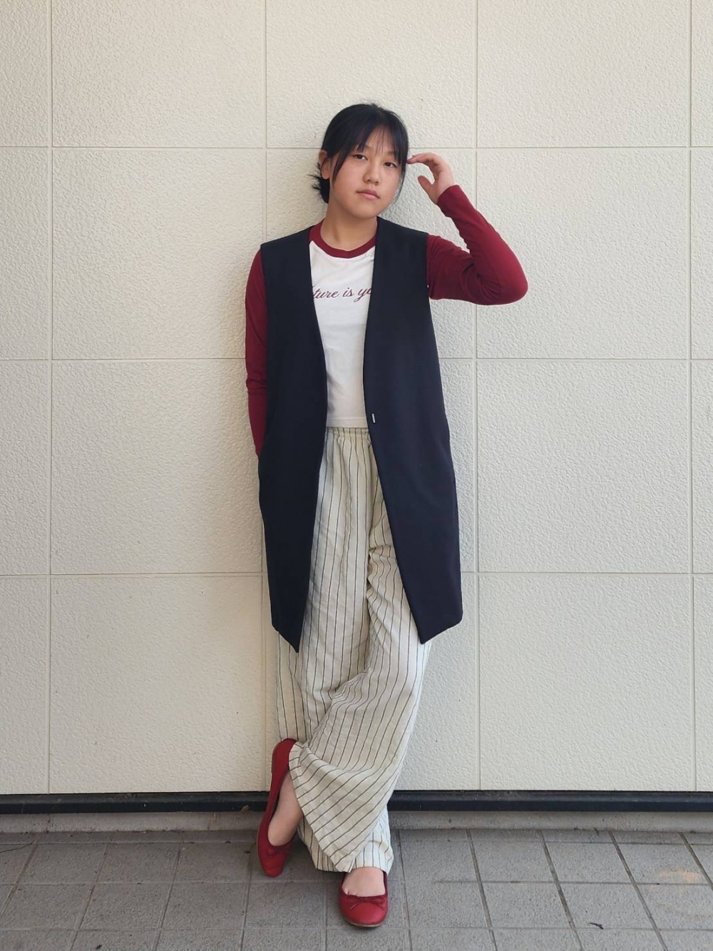 感動ダブルジャケットリラックスフィット、T1BOXY/ボクシーT」の着用