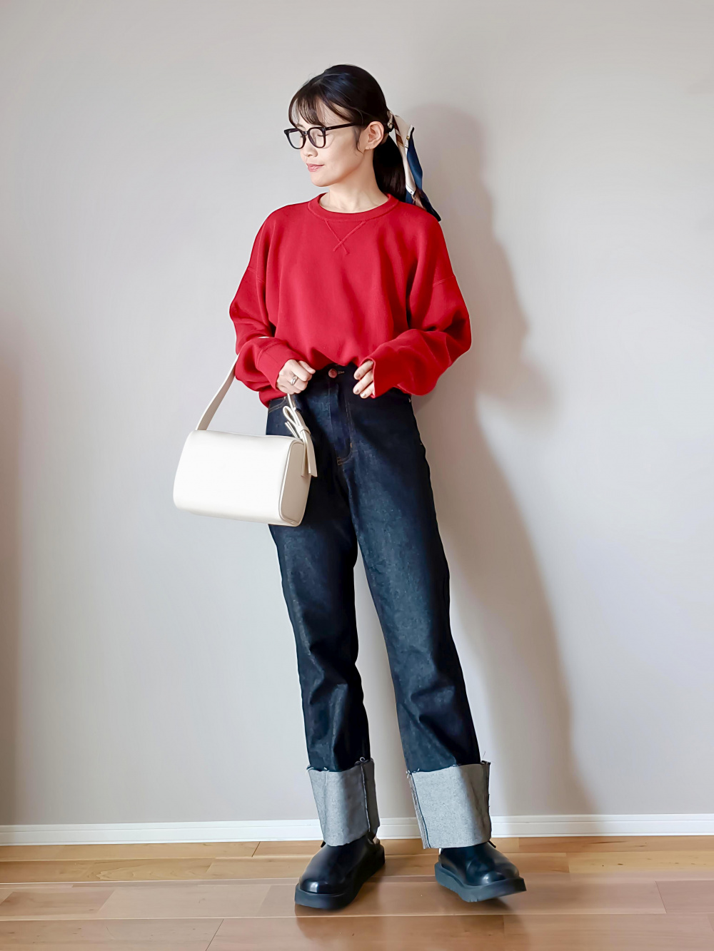 カシミヤクルーネックショートカーディガン、メリノブレンド