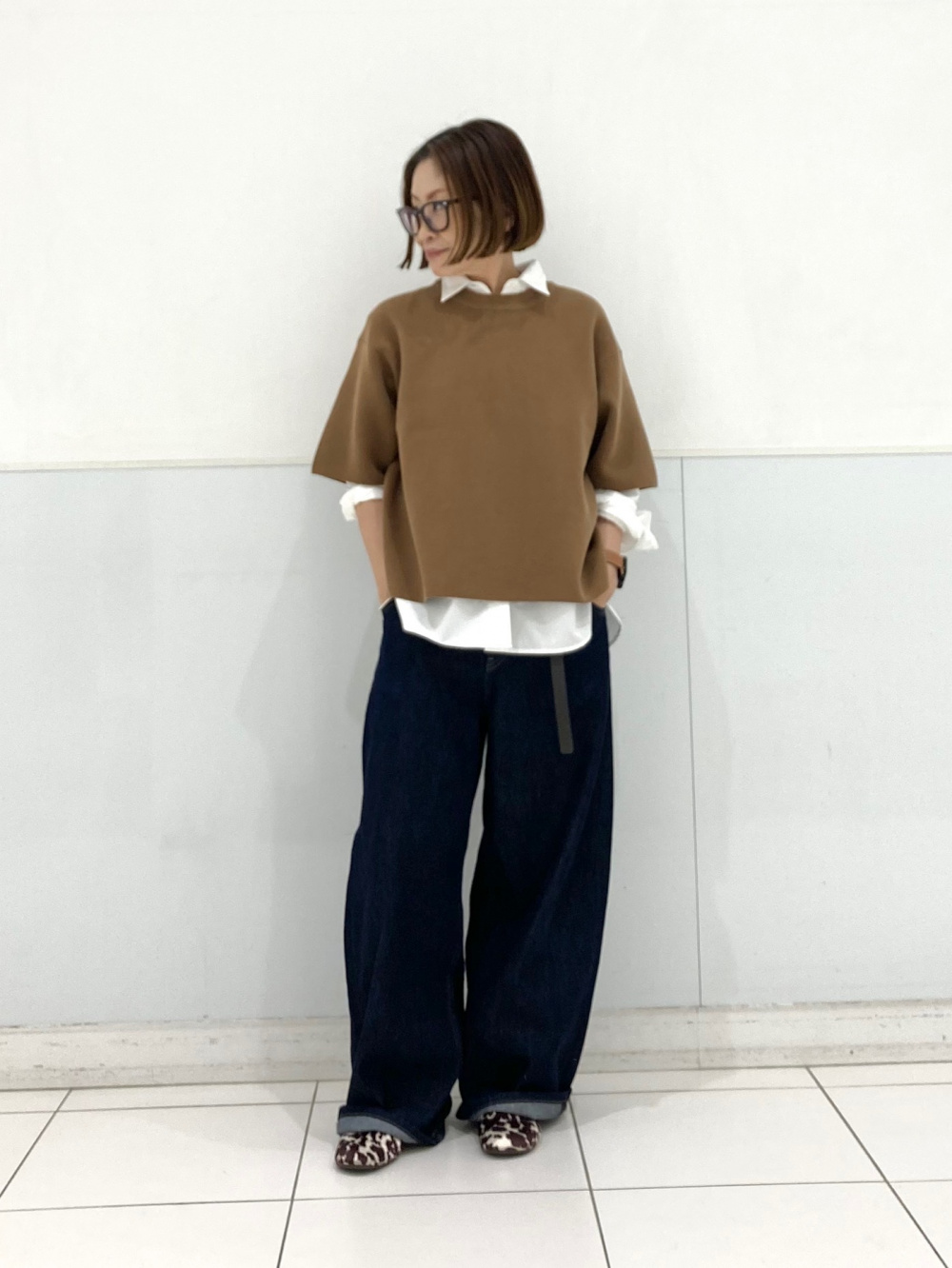 ウォッシャブルミラノリブセーター/半袖、感動ワイドパンツ/丈長め」の