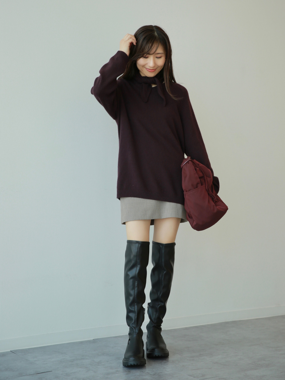 ダブルロングコート、カシミヤリラックスVネックセーター