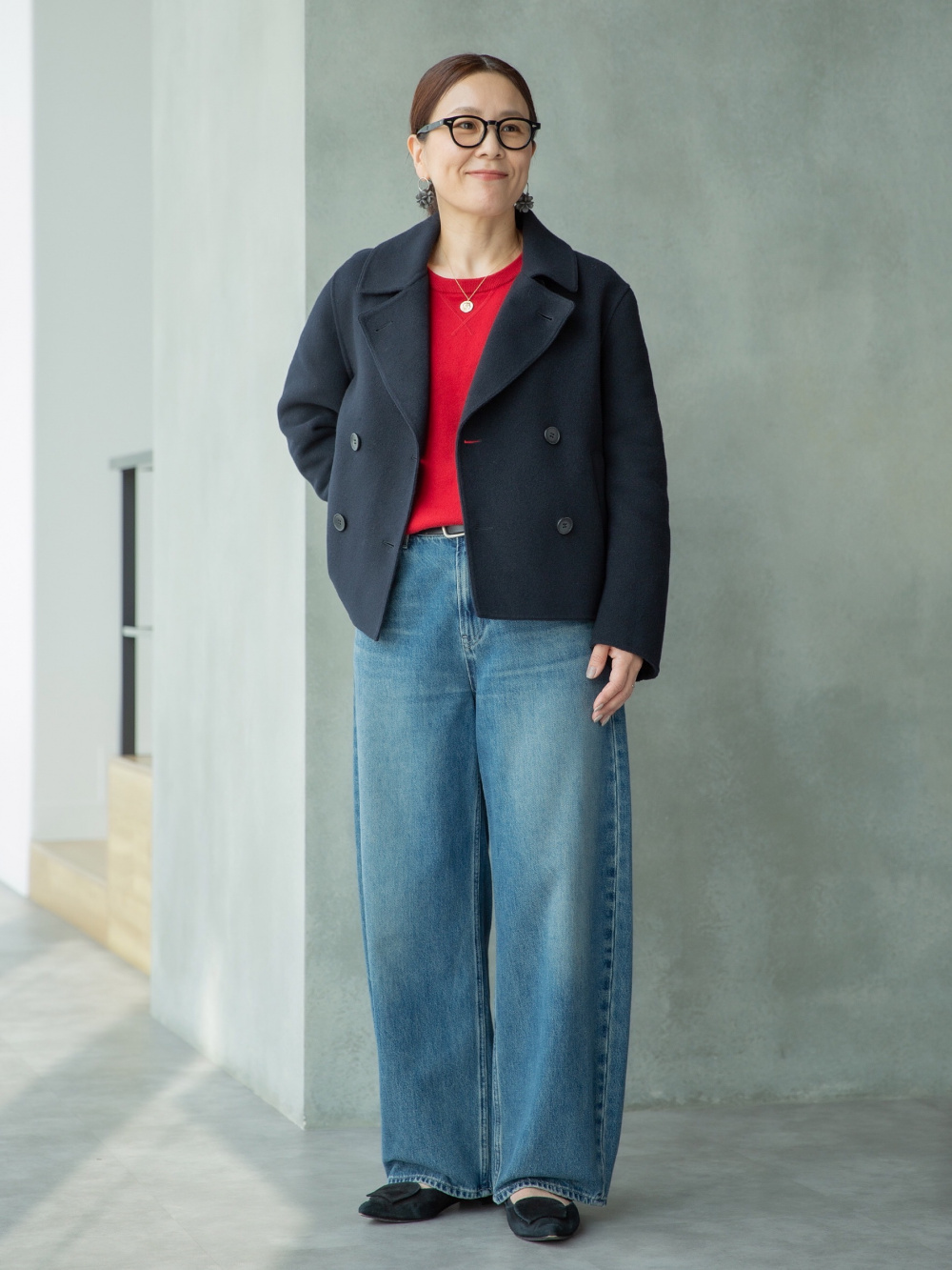 スムースコットンクルーネックセーター、ダブルフェイスショートコート