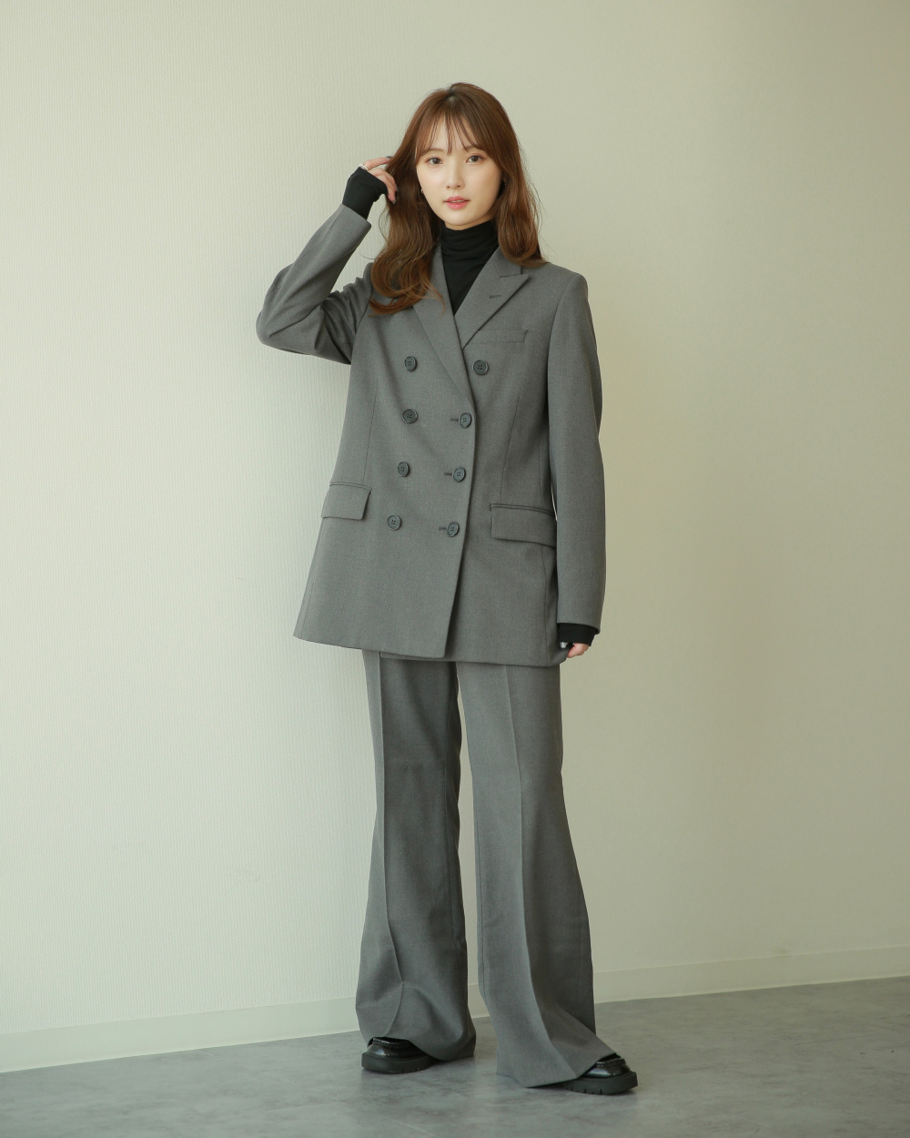 ダブルテーラードジャケット、カシミヤリラックスVネックセーター