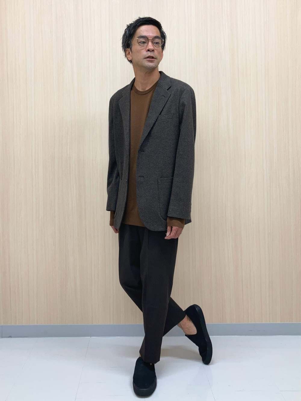 ブラッシュドジャージージャケット/ツイード、メリノクルーネック