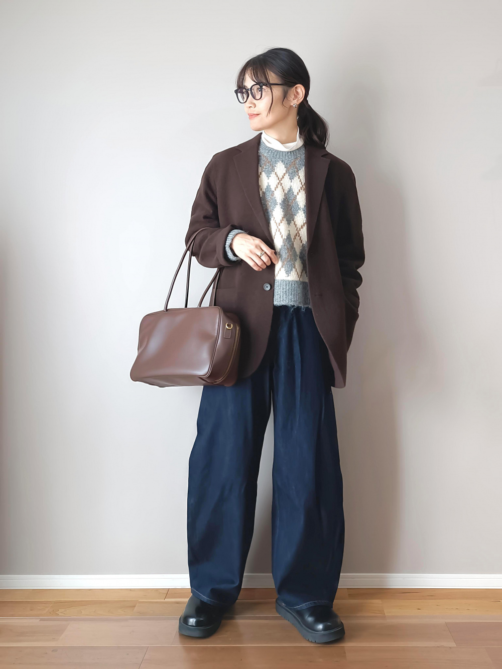 ツイードオーバーサイズジャケット、ツイードタックワイドパンツ」の