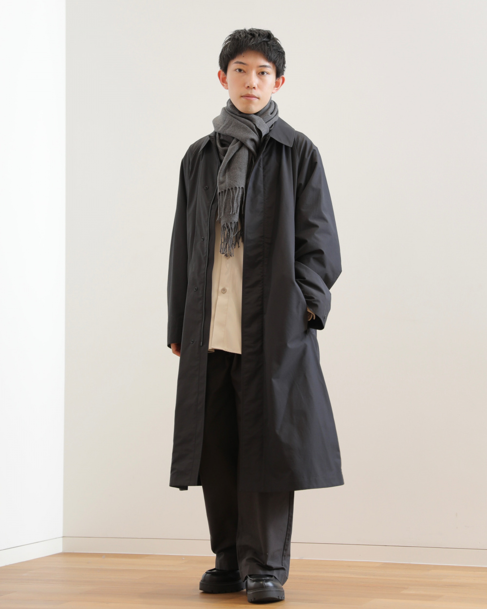 ブラッシュドスウェットワイドパンツ、オーバーサイズステンカラー