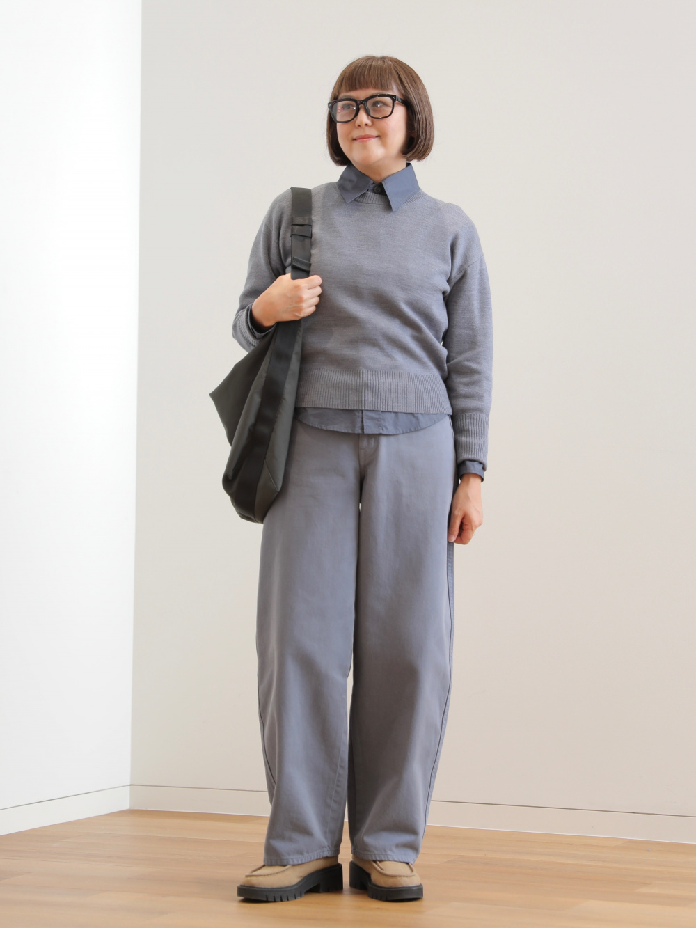 ダブルフェイスクルーネックセーター」の着用コーディネート