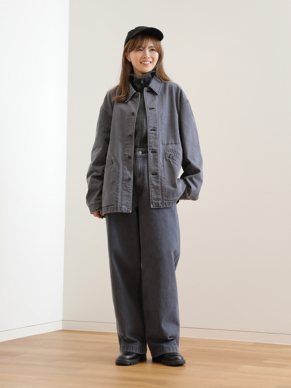 オーバーサイズカラーデニムジャケット、ダブルフェイスフルジップ