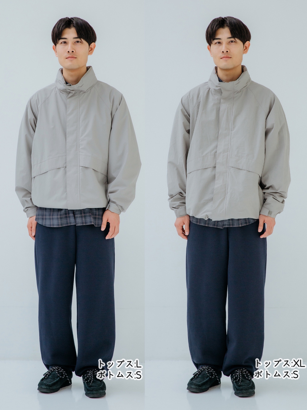 ウインドプルーフスタンドブルゾン、3Dクルーネックセーター」の着用