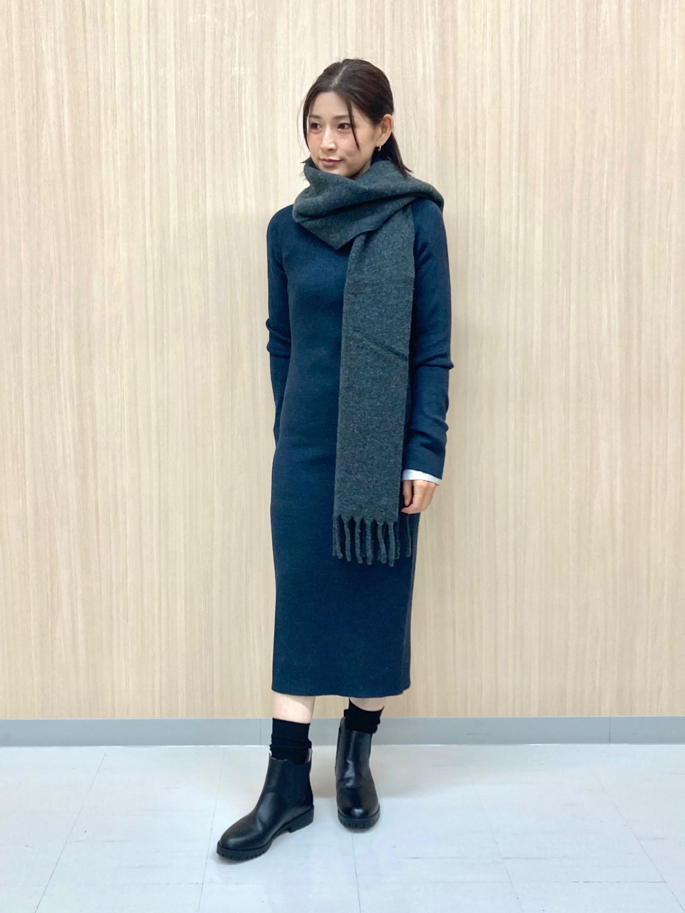 3Dニットメリノブレンドワンピース、メリノブレンドハイネック