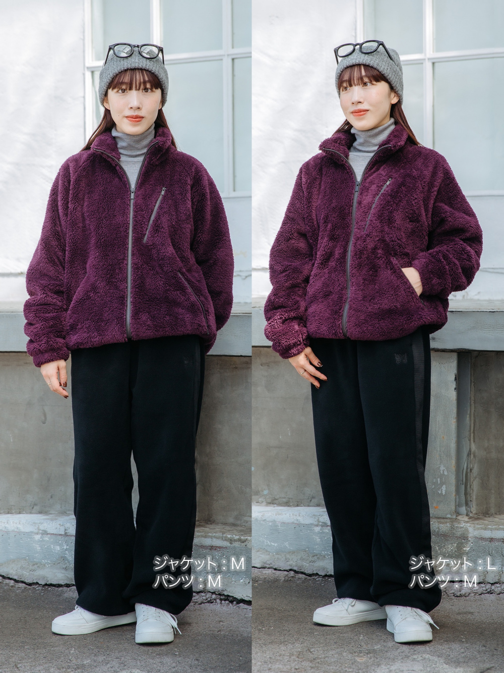 フリースワイドパンツ、シームレスダウンショートジャケット」の着用