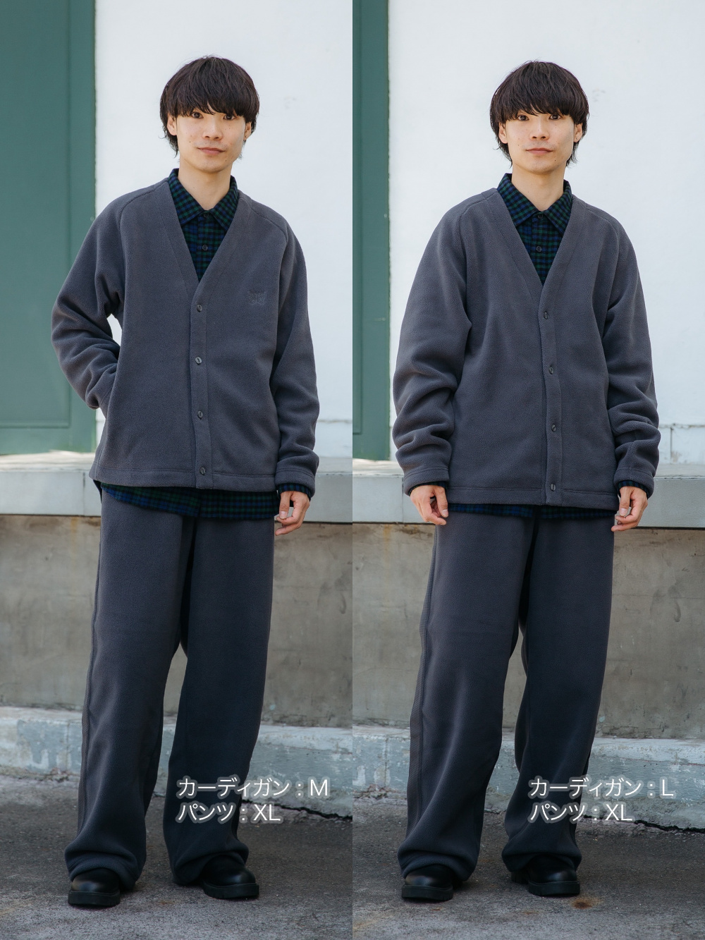 フリースジャケット、カシミヤタートルネックセーター」の着用