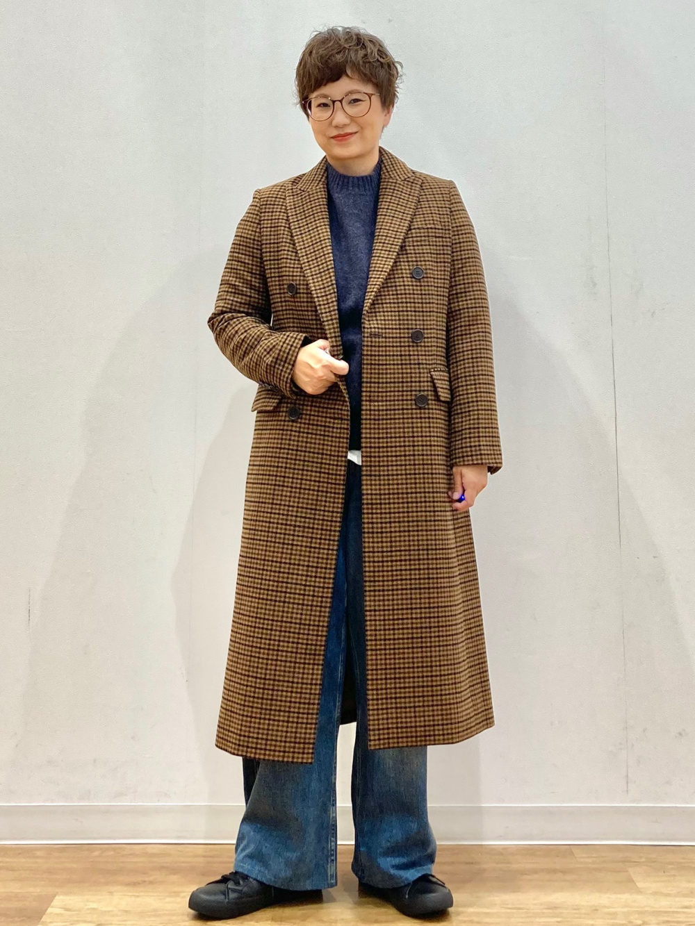 ダブルロングコート、カシミヤリラックスVネックセータースカーフつき
