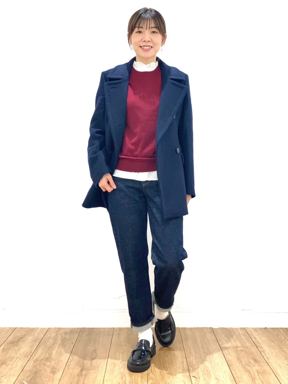 コットンブレンドパデッドジャケット、カシミヤハイネックセーター