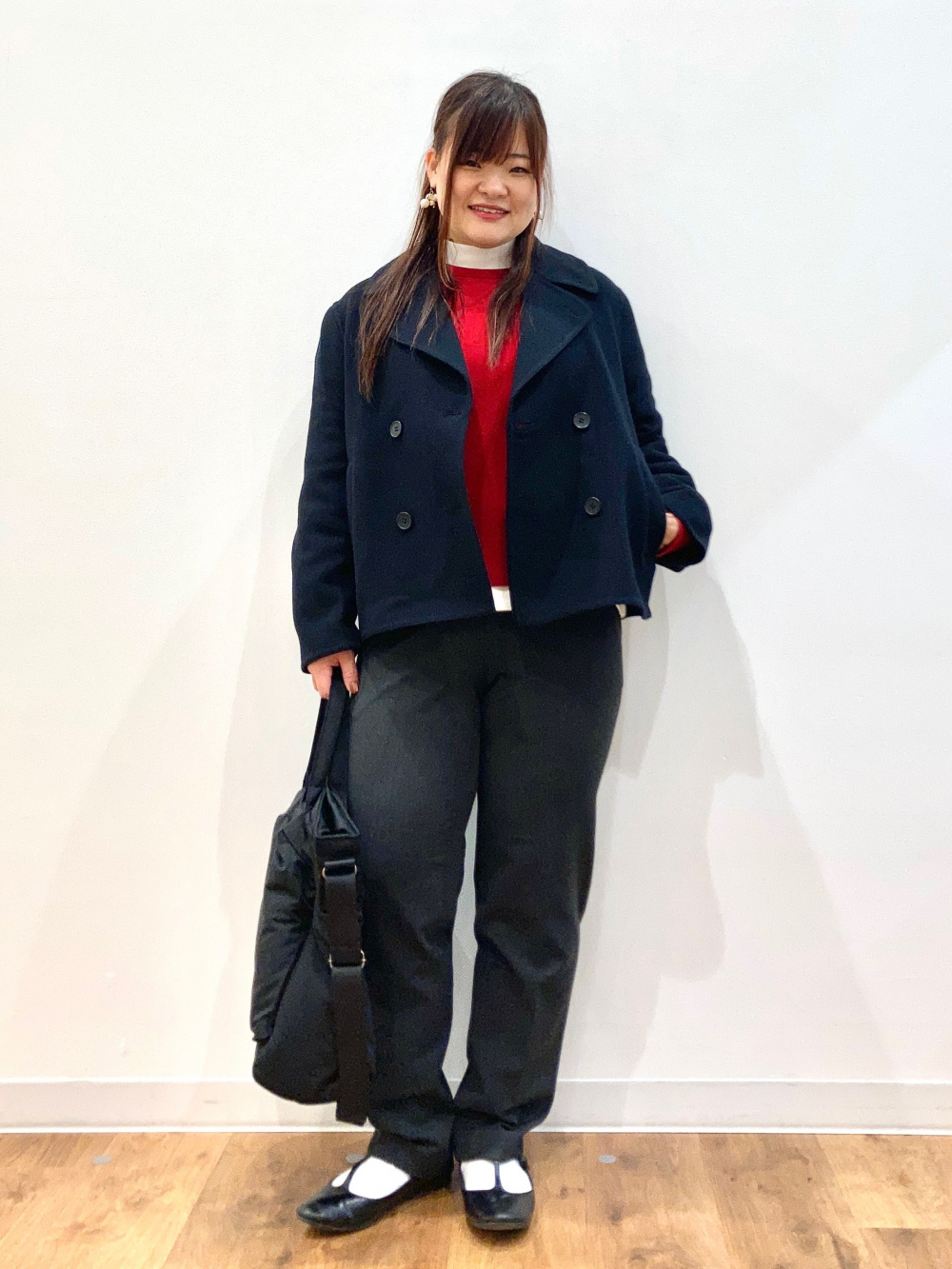 スムースコットンクルーネックセーター、ダブルフェイスショートコート