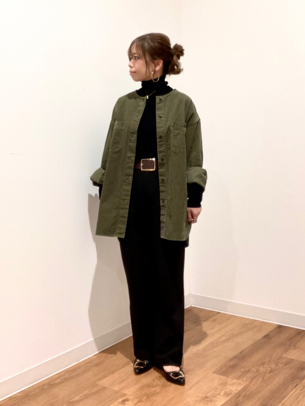 ソフトタッチタートルネックTシャツ、ウールチェックロングコート