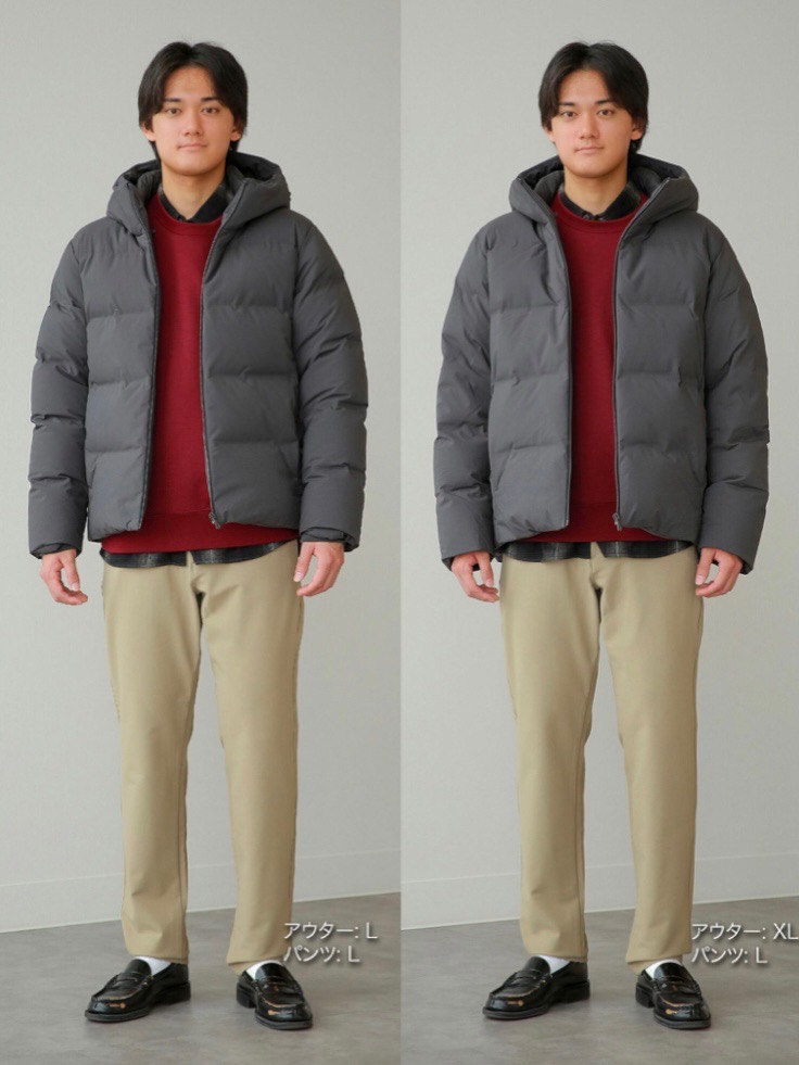 オーバーサイズスウェットシャツ、シームレスダウンジャケット」の着用