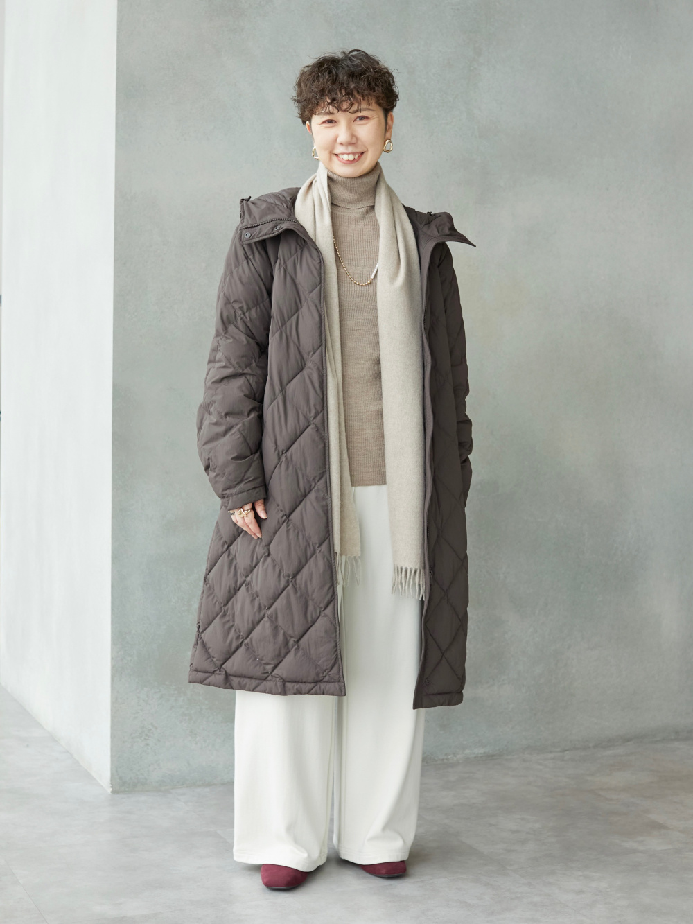 パフテックロングコートリラックスフィット、メリノタートルネック