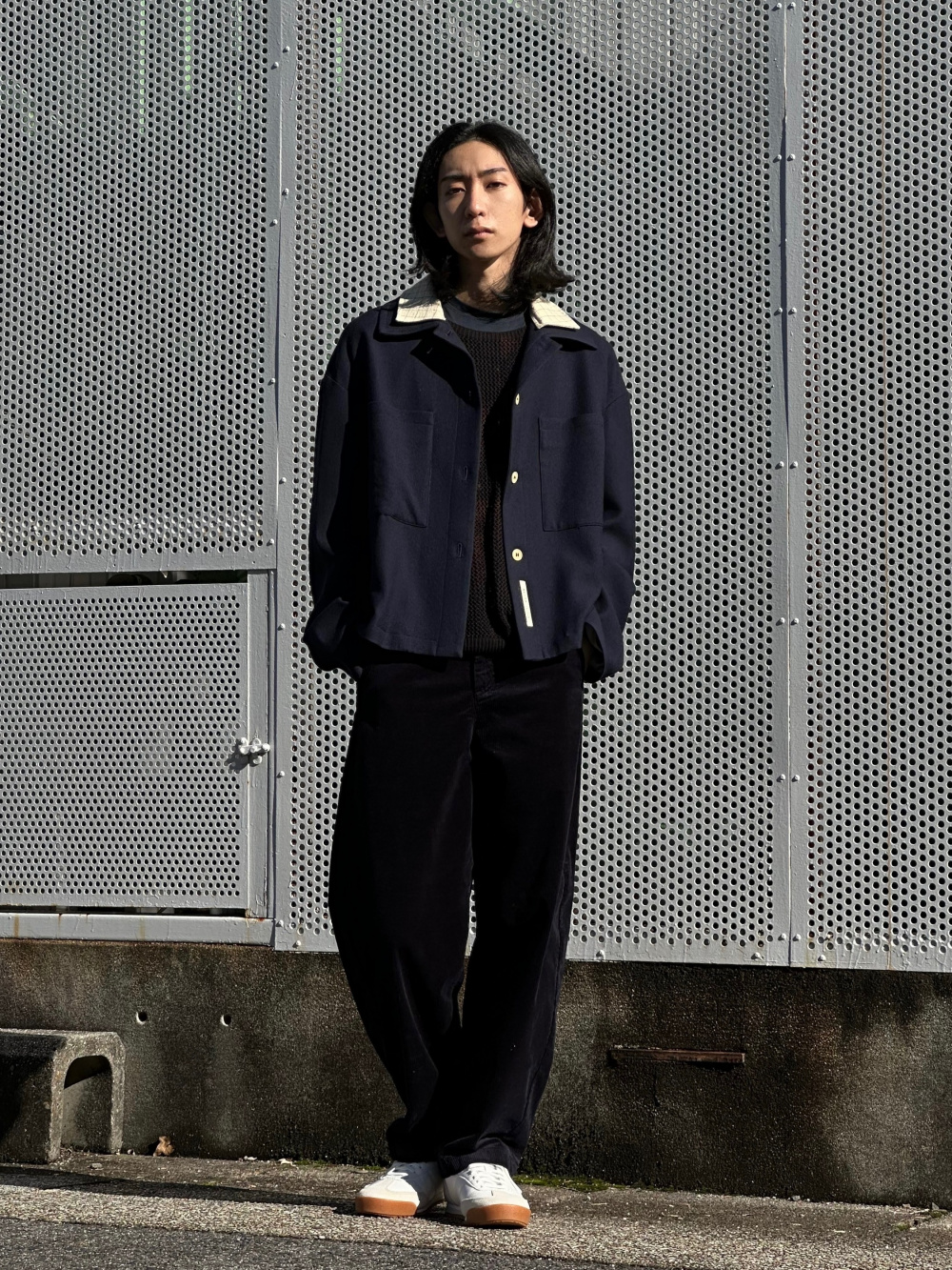 コーデュロイカーブパンツ/丈長め、スウェードコンビネーション