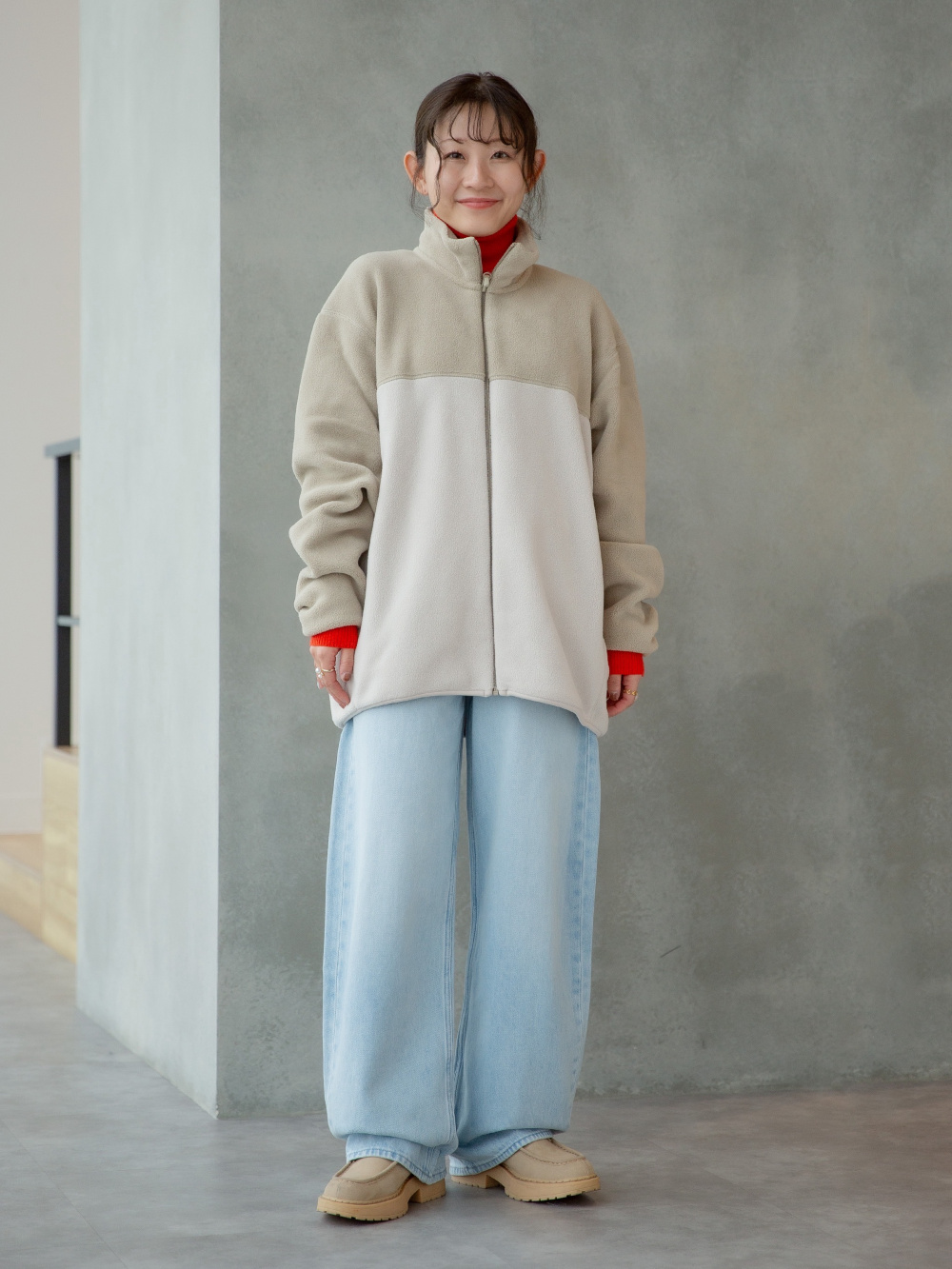 ヒートテックボアスウェットパンツ、フリースジャケット」の着用
