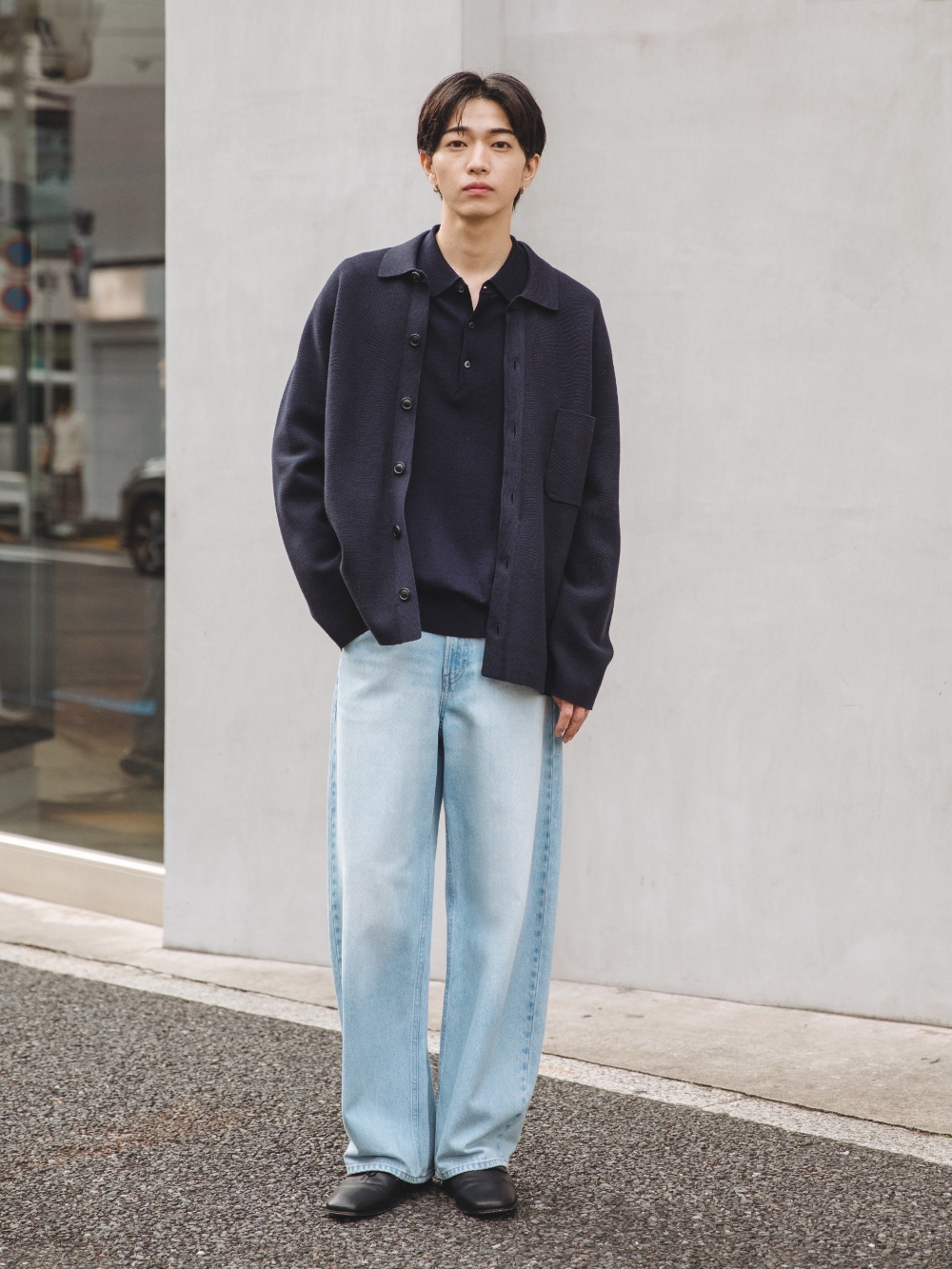 ミラノリブシャツカーディガン、ニットフルジップジャケット」の着用