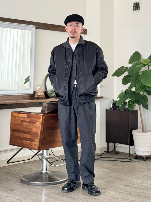 ハイブリッドダウンオーバーサイズMA-1ブルゾン、ウールパンツ