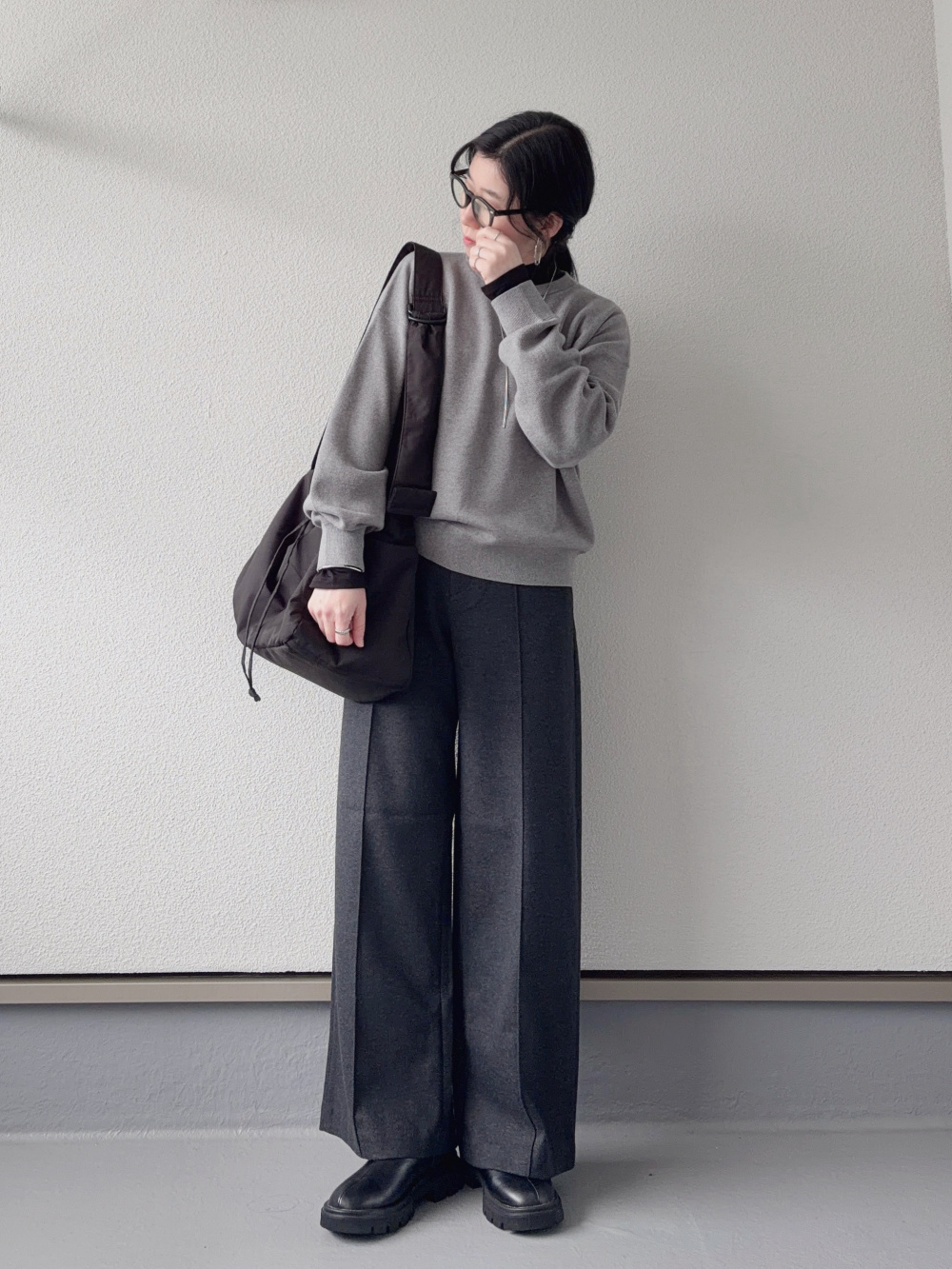 スムースコットンクルーネックセーター、ダブルフェイスショートコート