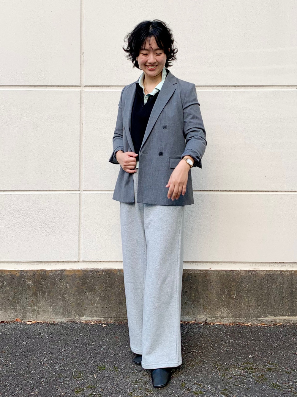 スウェットワイドパンツ、ダブルジャケット」の着用コーディネート