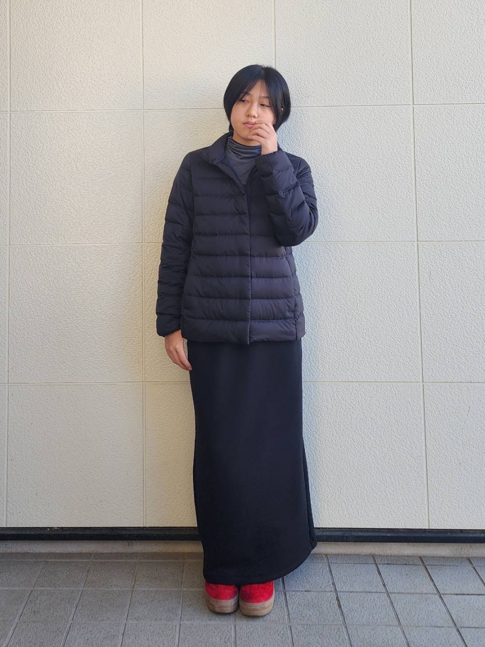 スムースコットンリラックスT、タックワイドパンツ」の着用