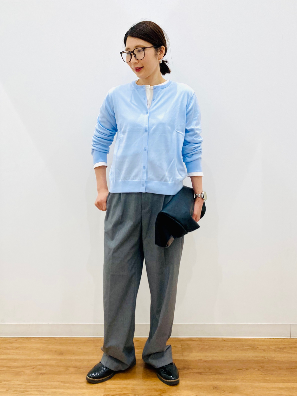 C6939 クルーネックカーディガン×パンツコーデ スウェットワイドパンツ