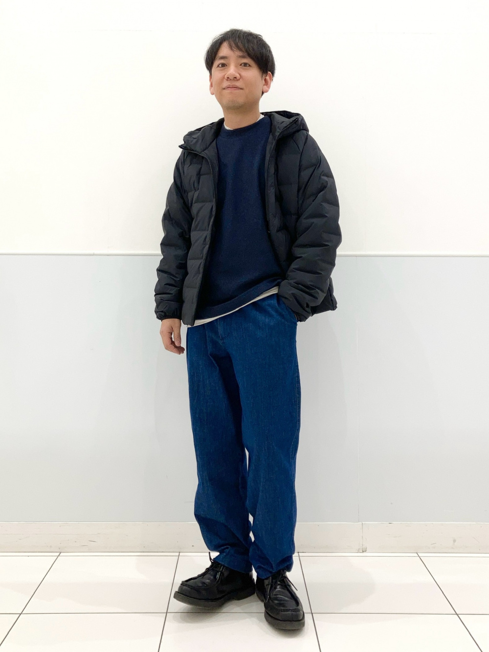 ソフトニットフリースクルーネックT、フリースジャケット」の着用