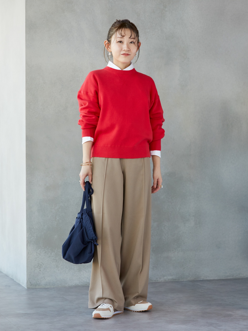 ミラノリブフルジップカーディガン、ボクシーニットT」の着用