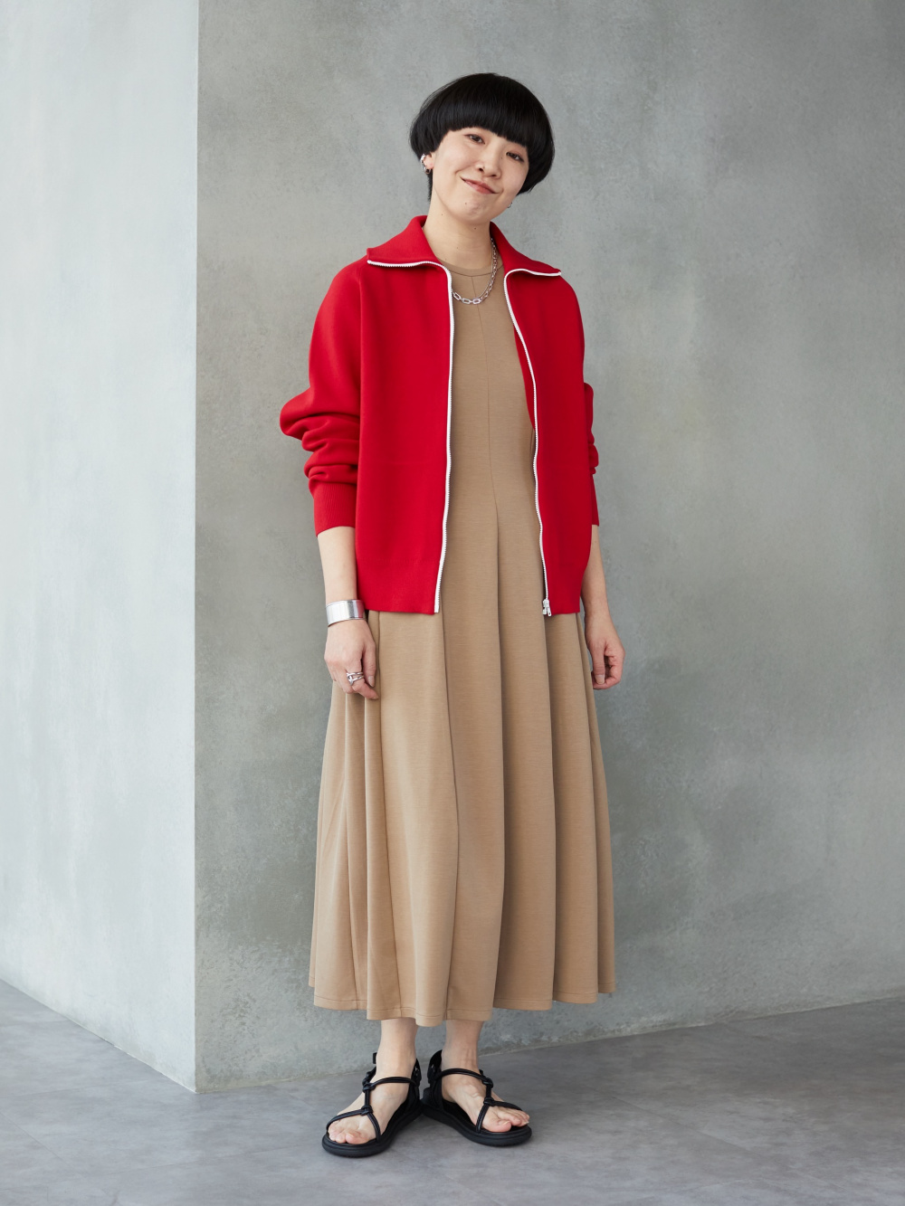 ミラノリブフルジップカーディガン、コットンキュロット」の着用