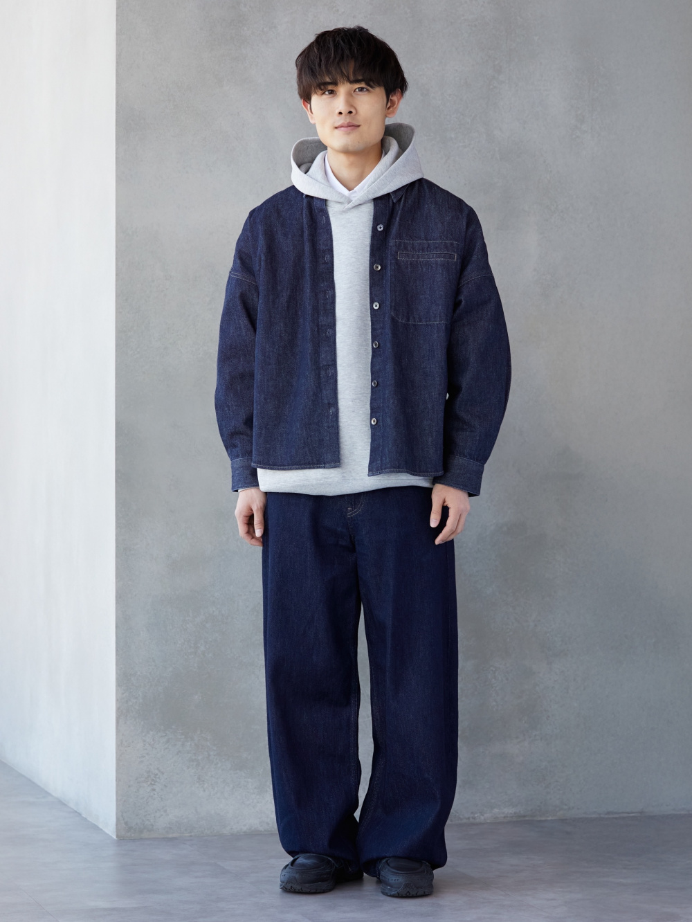 ミラノリブフルジップカーディガン、デニムリラックスシャツジャケット