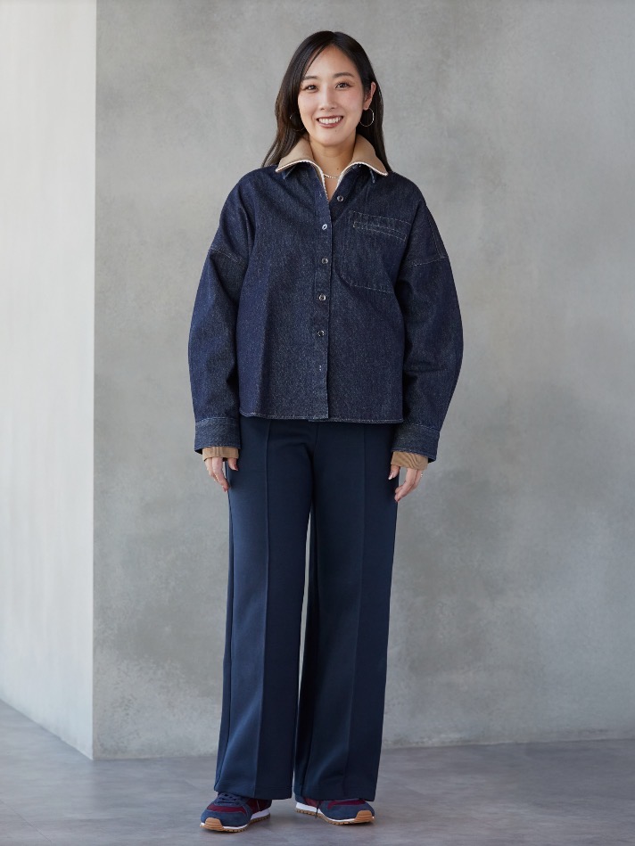 ミラノリブフルジップカーディガン、ボクシーニットT」の着用