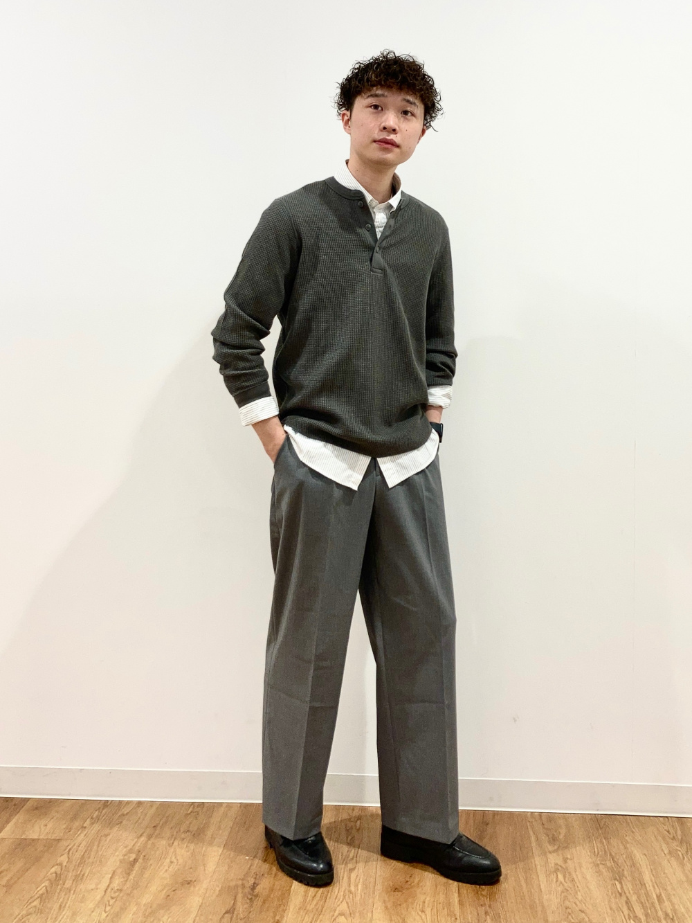 ワッフルヘンリーネックTシャツ/長袖、感動ジャケットリラックス