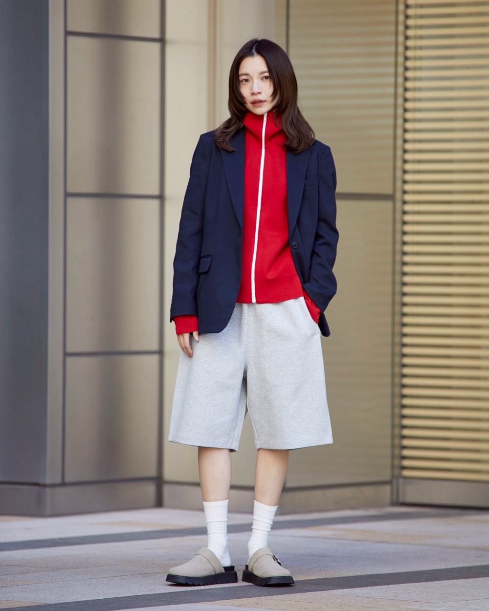 ミラノリブフルジップカーディガン、コンビネーションスニーカー」の