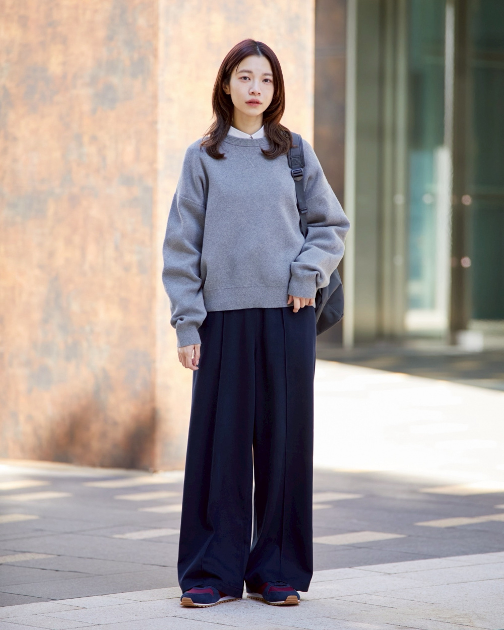 ミラノリブフルジップカーディガン、イージーワイドパンツ」の着用