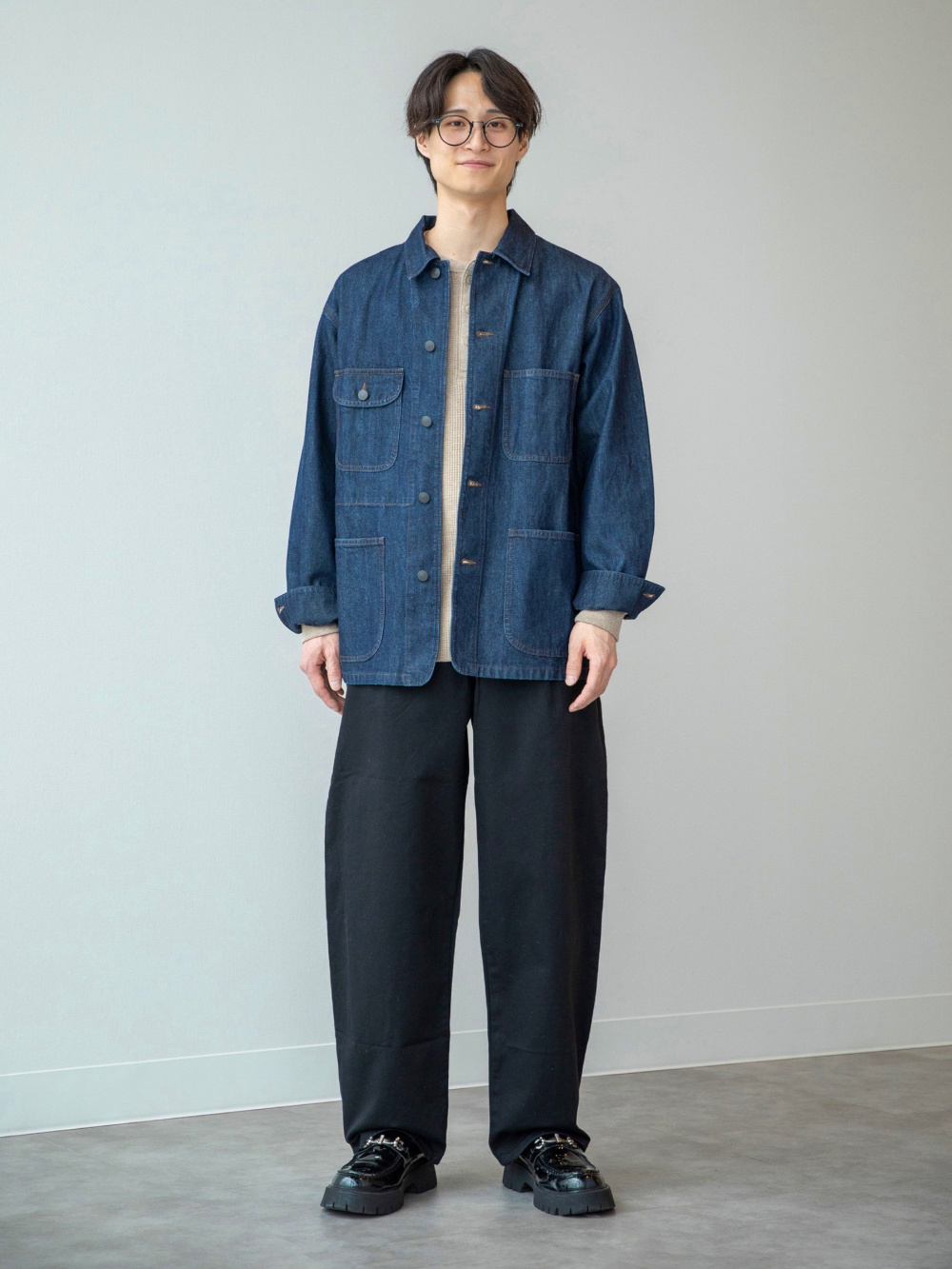 コットンリネンシャツジャケット、ワッフルヘンリーネックTシャツ/長袖