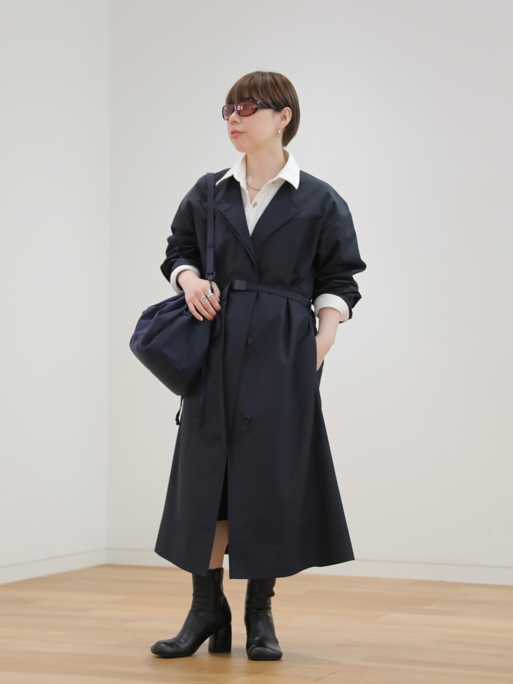 ユニクロC ノーカラーロングコート/リラックスフィット ネイビー　M 新品 ユニクロ公式 | ノーカラーロングコート/リラックスフィット(レディース)