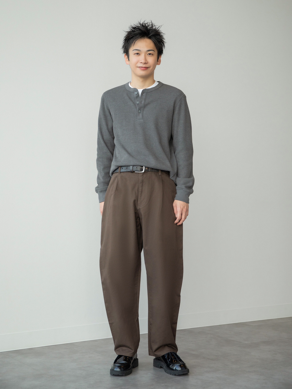 ワッフルヘンリーネックTシャツ/長袖、感動ジャケットリラックス