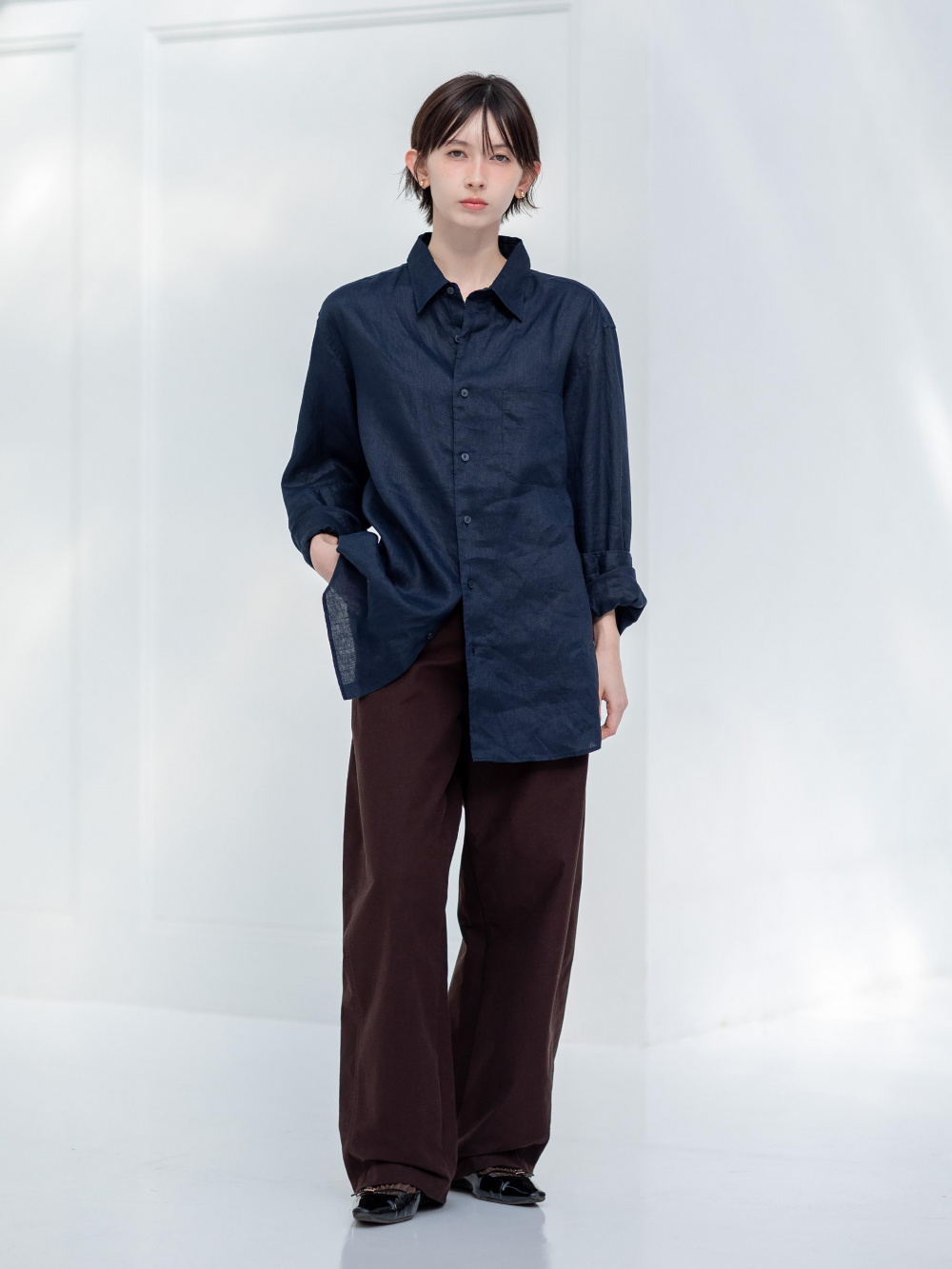 カシミヤクルーネックショートカーディガン、ジャージーバレルレッグ