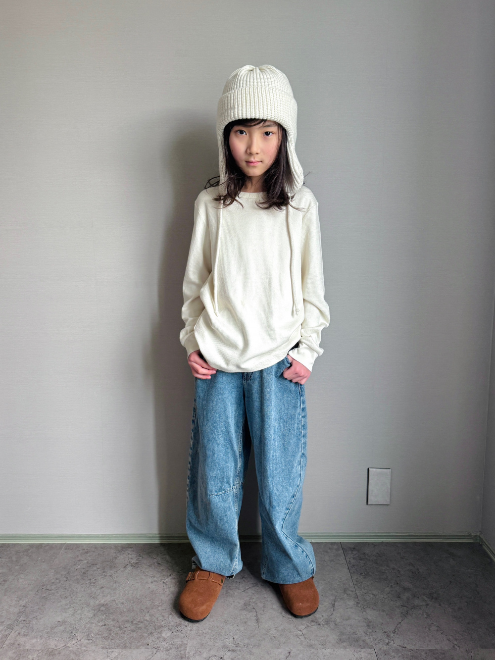 極暖ヒートテックコットンワッフルクルーネックTシャツ」の着用