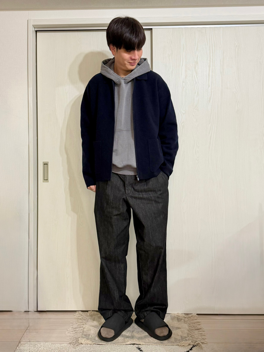 UNIQLO C ネイビー ニットフルジップジャケット UNIQLO:C メンズのニットフルジップジャケット可愛すぎた