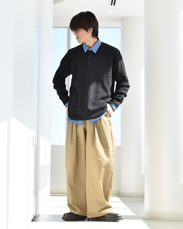 ワッフルヘンリーネックTシャツ/長袖、デニムボクシーシャツ/5分袖」の