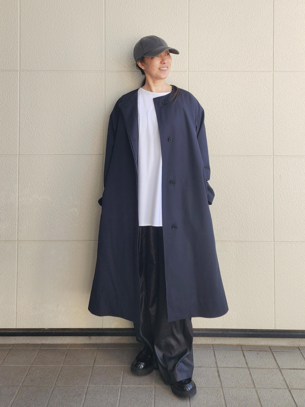 ユニクロC ノーカラーロングコート/リラックスフィット ネイビー　M 新品 ユニクロ公式 | ノーカラーロングコート/リラックスフィット(レディース)