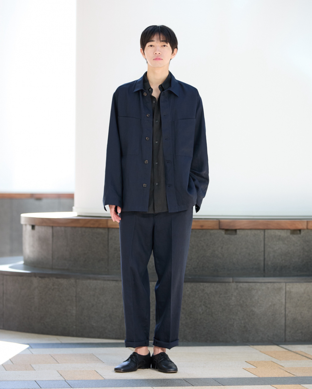 【新品】UNIQLO:C プレミアムリネンシャツジャケット L ネイビー プレミアムリネンシャツジャケット、プレミアムリネンオーバーサイズ